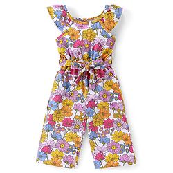 Babyhug 100% Cotton Jersey Knit Cap Sleeves Jumpsuit with Floral Print - White & Pink