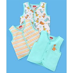 Babyhug 100% Cotton Sleeveless Jhabla Striped & Dino Print Pack of 3 - Blue & White