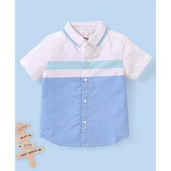 Babyhug 100% Cotton Half Sleeve Rib Solid Oxford Shirt with Front Cut & Sew Pannel - Blue & White