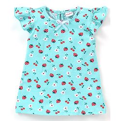 Babyhug Cotton Knit Short Sleeves Nighty Strawberry & Cherry Print - Blue