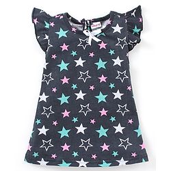 Babyhug Cotton Knit Short Sleeves Nighty Star Print - Navy Blue