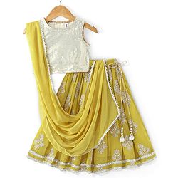 Babyhug Sleeveless Sequenced Choli With Gotta Patti Embroidered Lehenga And Dupatta- Mustard