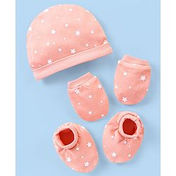 Babyhug 100% Cotton Cap Mittens And Booties Star Print - Peach