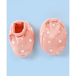 Babyhug 100% Cotton Cap Mittens And Booties Star Print - Peach