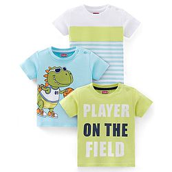 Babyhug Cotton Knit Half Sleeves T-Shirts with Dino Print Pack of 3 - White Blue & Green