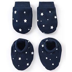 Babyhug 100% Cotton Star Printed Mittens & Booties - Navy Blue