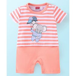 Babyhug 100% Cotton Knit Half Sleeves Striped Romper with Elephant Print - Peach