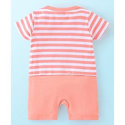 Babyhug 100% Cotton Knit Half Sleeves Striped Romper with Elephant Print - Peach