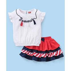 Babyhug 100% Cotton Half Sleeves Top & Skirt Set With Embroidery & Tassel Detailing- White Navy & Red