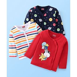 Babyhug 100% Cotton Full Sleeves Vests Stripes & Space Print Pack of 3- Red & Blue