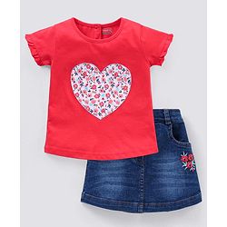 Babyhug 100% Cotton Knit Half Sleeves Top and Skirt Floral Heart Applique - Red & Blue