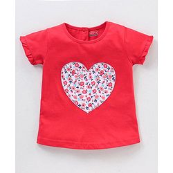 Babyhug 100% Cotton Knit Half Sleeves Top and Skirt Floral Heart Applique - Red & Blue