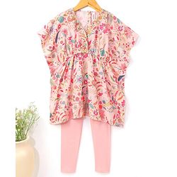 Babyhug Half Sleeves Kaftan Top With Leggings Floral Print- Peach