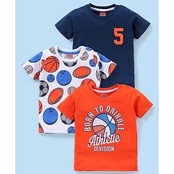 Babyhug Cotton Knit Half Sleeves Text & Balls Printed T-Shirts Pack of 3 - Red & Navy Blue