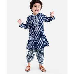 Babyhug 100% Cotton Full Sleeves Floral Printed Kurta & Dhoti Set- Indigo