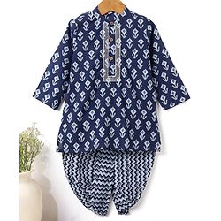 Babyhug 100% Cotton Full Sleeves Floral Printed Kurta & Dhoti Set- Indigo