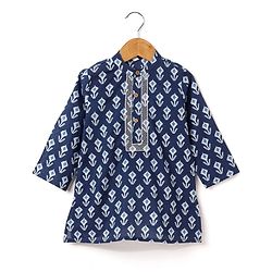 Babyhug 100% Cotton Full Sleeves Floral Printed Kurta & Dhoti Set- Indigo