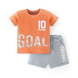 Babyhug 100% Cotton Knit Half Sleeves T-Shirt & Shorts Set Text Print - Orange & Grey