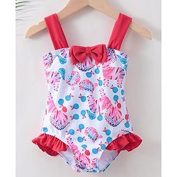 Babyhug Sleeveless V Cut Swimsuit Zebra Print & Bow Applique - Red White & Blue