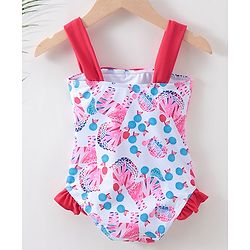 Babyhug Sleeveless V Cut Swimsuit Zebra Print & Bow Applique - Red White & Blue