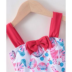 Babyhug Sleeveless V Cut Swimsuit Zebra Print & Bow Applique - Red White & Blue