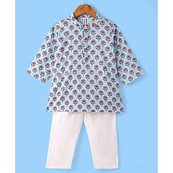 Babyhug 100% Cotton Full Sleeves Floral Printed Kurta & Pyjama Set - Blue