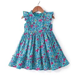 Babyhug 100% Cotton Woven Cap Sleeves Ethnic Dress with Floral Print - Blue