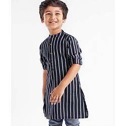 Babyhug 100% Cotton Kurta With Striped Embroidery Detailing - Indigo