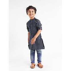 Babyhug 100% Cotton Kurta With Striped Embroidery Detailing - Indigo