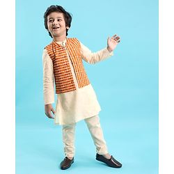 Babyhug Full Sleeves Solid Kurta & Pyjama Set With Printed Jacket- Cream