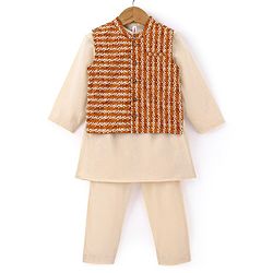 Babyhug Full Sleeves Solid Kurta & Pyjama Set With Printed Jacket- Cream