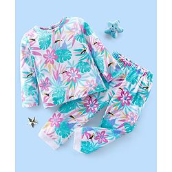 Babyhug Cotton Knit Full Sleeves Night Suit Tropical Print - Pink & White