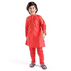 Babyhug Full Sleeve Dobby Kurta With Pyjama Set-Red