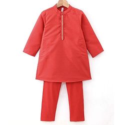 Babyhug Full Sleeve Dobby Kurta With Pyjama Set-Red