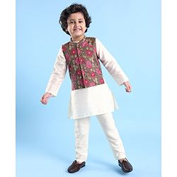 Babyhug 100% Cotton Full Sleeves Kurta & Pyjama With Floral Print Waistcoat - Cream Brown & White
