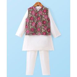 Babyhug 100% Cotton Full Sleeves Kurta & Pyjama With Floral Print Waistcoat - Cream Brown & White