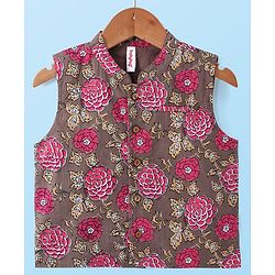 Babyhug 100% Cotton Full Sleeves Kurta & Pyjama With Floral Print Waistcoat - Cream Brown & White