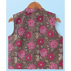 Babyhug 100% Cotton Full Sleeves Kurta & Pyjama With Floral Print Waistcoat - Cream Brown & White