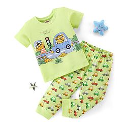 Babyhug Half Sleeves Nightwear Pajama Set Tiger and Car Print - Green