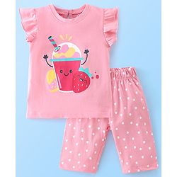 Babyhug Cotton Frill Sleeves Capri Night Suit Dot & Shake Print- Pink