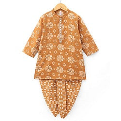 Babyhug 100% Cotton Woven Full Sleeves Kurta With Dhoti Floral Print - Mustard