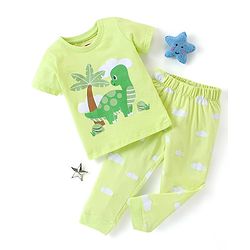 Babyhug Cotton Knit Half Sleeves Nightsuit Set Dino Print - Green