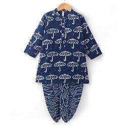 Babyhug 100% Cambric Full Sleeve Umbrella Printed Kurta With Dhoti Set - Indigo