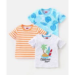 Babyhug Cotton Jersey Half Sleeves Striped & Tropical Printed T-Shirts Pack Of 3 - Orange Blue & Grey