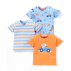 Babyhug Cotton Jersey Half Sleeves Striped T- Shirt With Travel Print Pack of 3 - Blue & Orange