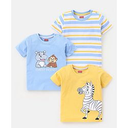 Babyhug Cotton Jersey Half Sleeves Striped & Animal Printed T-Shirts Pack Of 3 - Yellow & Blue