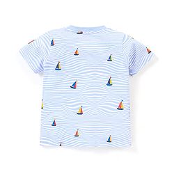 Babyhug Cotton Half Sleeves T-Shirt Boat & Waves Print- White & Blue