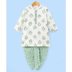 Babyhug 100% Cotton Woven Full Sleeves Kurta With Dhoti Floral Print - White