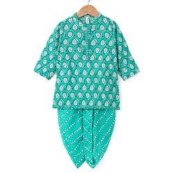 Babyhug 100% Cotton Full Sleeves Leafs Printed Kurta with Printed Dhoti Set - Sea Green