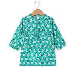 Babyhug 100% Cotton Full Sleeves Leafs Printed Kurta with Printed Dhoti Set - Sea Green